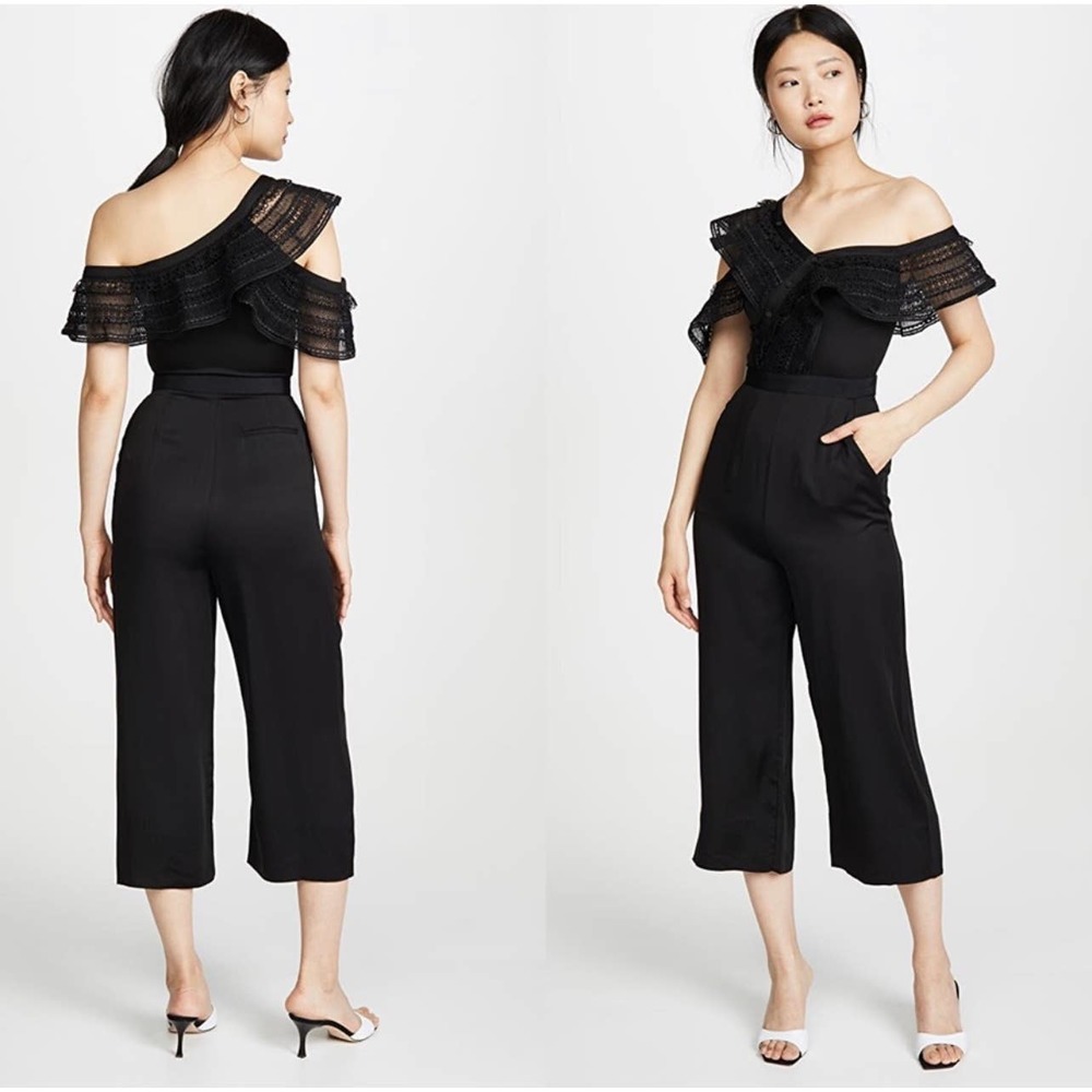 Self Portrait One Shoulder Frilled Black Lace Jumpsuit Size 10 Off Shoulder Crop